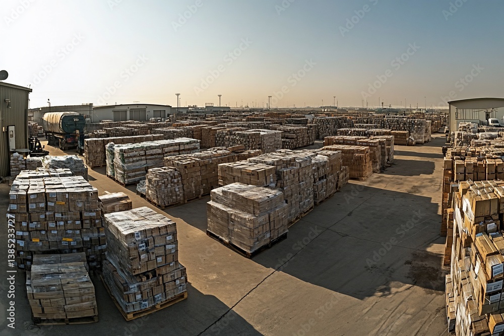 Obraz premium Massive Distribution Center: Stacks of Palletized Goods Awaiting Transport