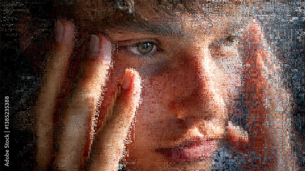 Obraz premium Quantum empathy translator converting emotional states into visible data signatures, hand movements interpreting feeling-algorithms across species and synthetic beings 
