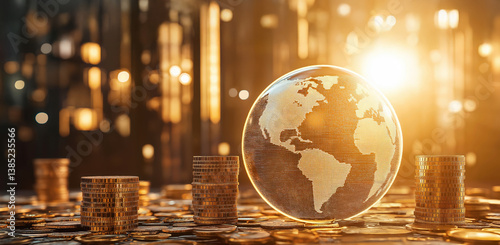 Glowing transparent globe surrounded by gold coins, symbol of global economy, wealth distribution and international financial system, business growth background, copy space, selective focus
