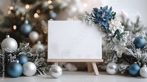 White canvas on a wooden easel displays blue and silver Christmas ornaments beneath a floral arch against a clean white wall for festive holiday styling.  