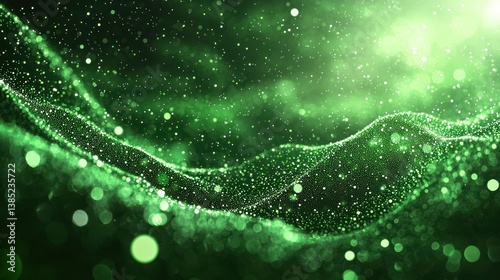 Green energy wave, abstract background, particle motion, glowing lights, technology concept