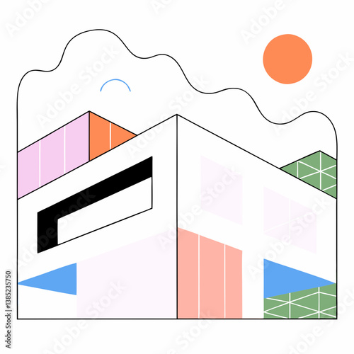 A cheerful modern house basking in a sunny day, showcasing vibrant pastel colors and geometric shapes in a playful minimalist style.
