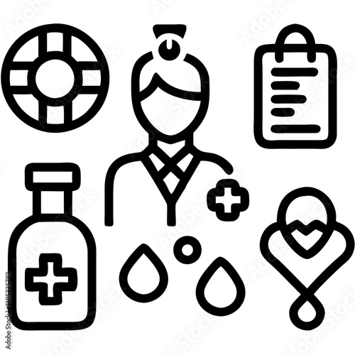 A compassionate doctor providing global healthcare, symbolized by a medicine bottle, life raft, patient, and medical chart with bold black line art.