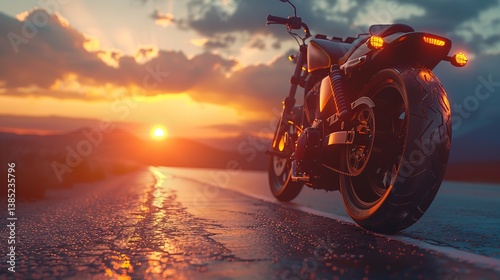 A modern sports motorcycle parked on the road.