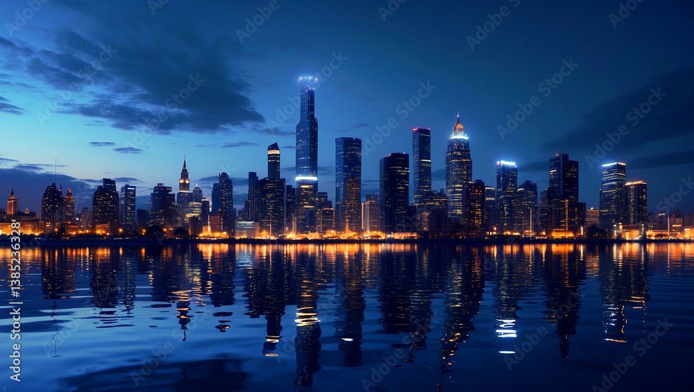 Fototapeta premium Dreamy city skyline reflected in water lights