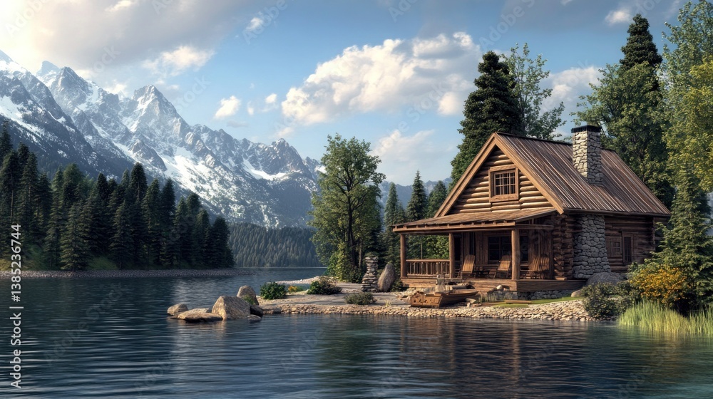 Fototapeta premium Mountain lake cabin, tranquil sunset, nature escape