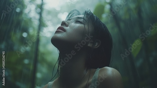 Woman enjoys rain in lush jungle; serene, peaceful mood; travel, nature backdrop