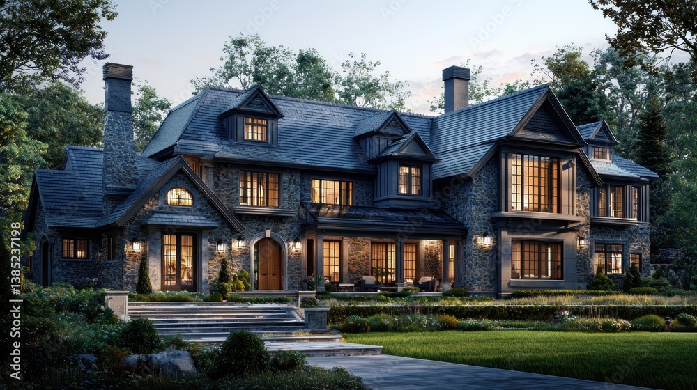 Majestic Stone Mansion at Dusk: A Luxurious Home Design Majestic Stone Mansion at Dusk: A Luxurious Home Design