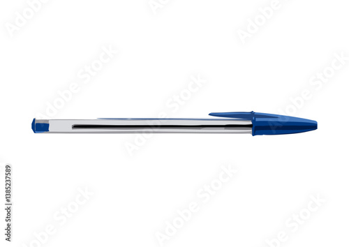 Caneta esferográfica com tampa azul e corpo transparente