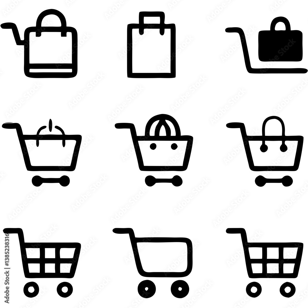 Hand-drawn shopping cart and bag icons showcasing various online shopping experiences with bold black outlines against a crisp white background. Hand-drawn shopping cart and bag icons showcasing various online shopping experiences with bold black outlines against a crisp white background.