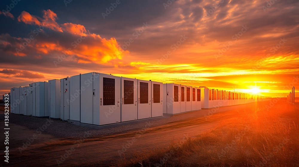 Obraz premium Rows of large white lithium battery containers form an industrial energy storage facility glowing under golden hour sunset lighting.