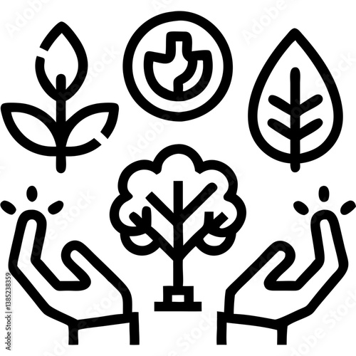 Nurturing growth: two hands gently cradling a sapling, surrounded by flourishing leaves, a sprouting plant, and a circular symbol of eco-balance, in a bold black line art style.