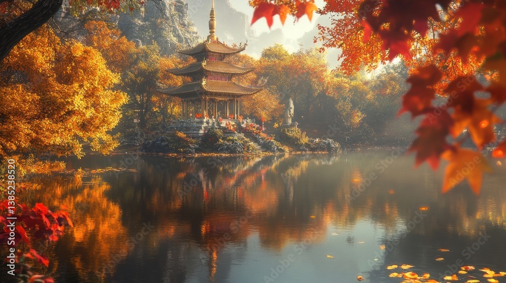 Obraz premium Autumn Pagoda Lake Reflection, Misty Mountains, Calm