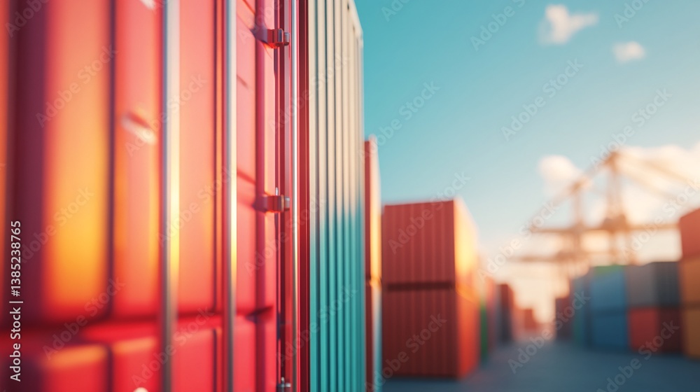 Fototapeta premium Cargo containers waiting for loading in a port terminal at sunset