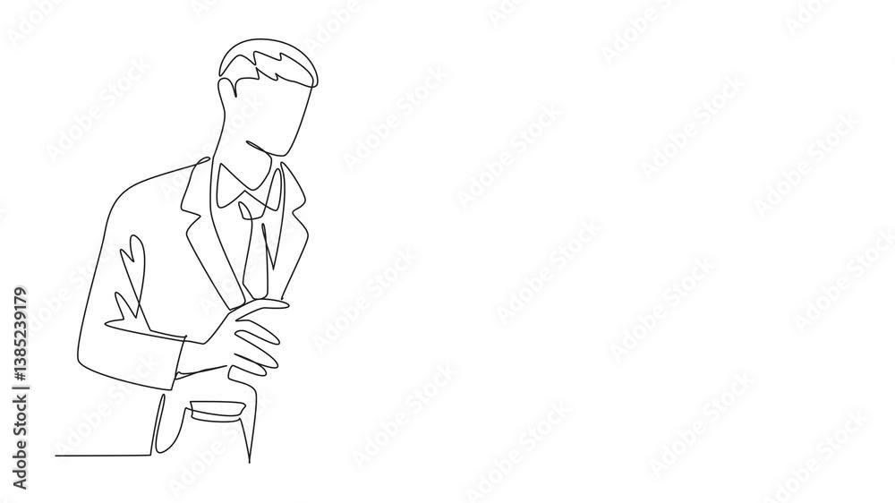 Animation of continuous line drawing a businessman sprays perfume on the palm of his hand. A masculine scent. Self-confident. National Perfume Day. One line self drawing animated. Full length motion Animation of continuous line drawing a businessman sprays perfume on the palm of his hand. A masculine scent. Self-confident. National Perfume Day. One line self drawing animated. Full length motion