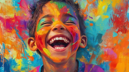 Joyful Child with Colorful Face Paint Against Vibrant Background