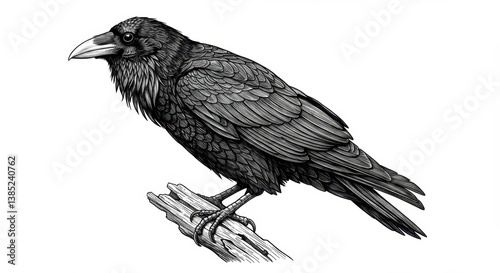 Detailed Line Drawing of a Raven on a Branch