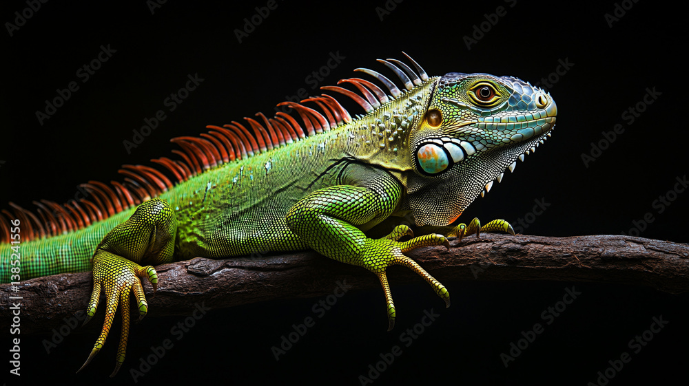 Fototapeta premium iguana on a branch on black background