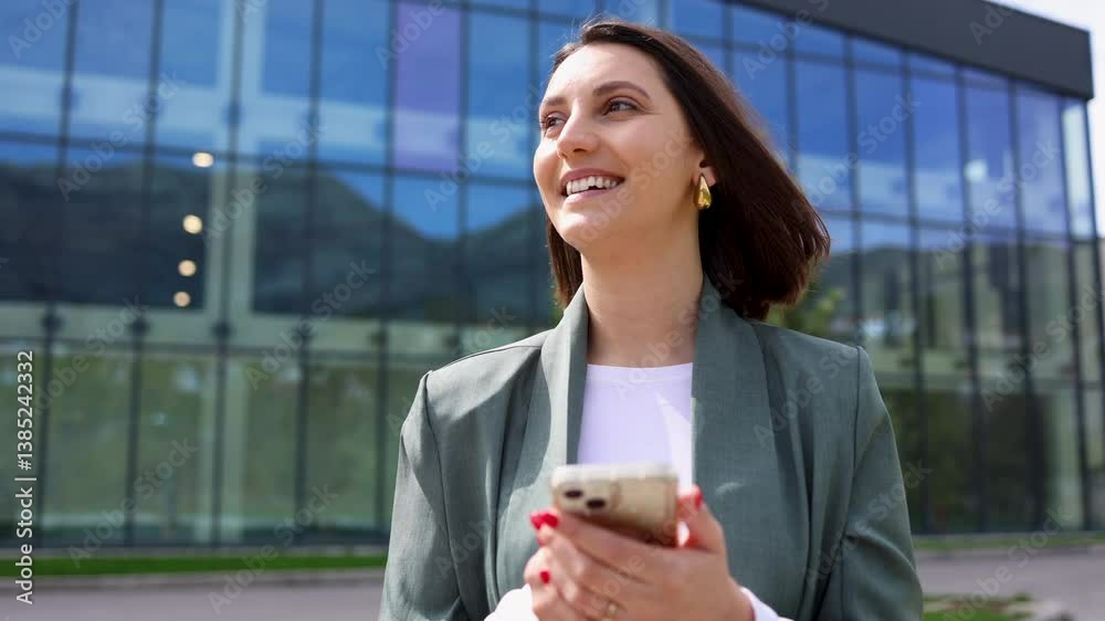 Young businesswoman is using a smartphone and smiling while standing outside a modern office building