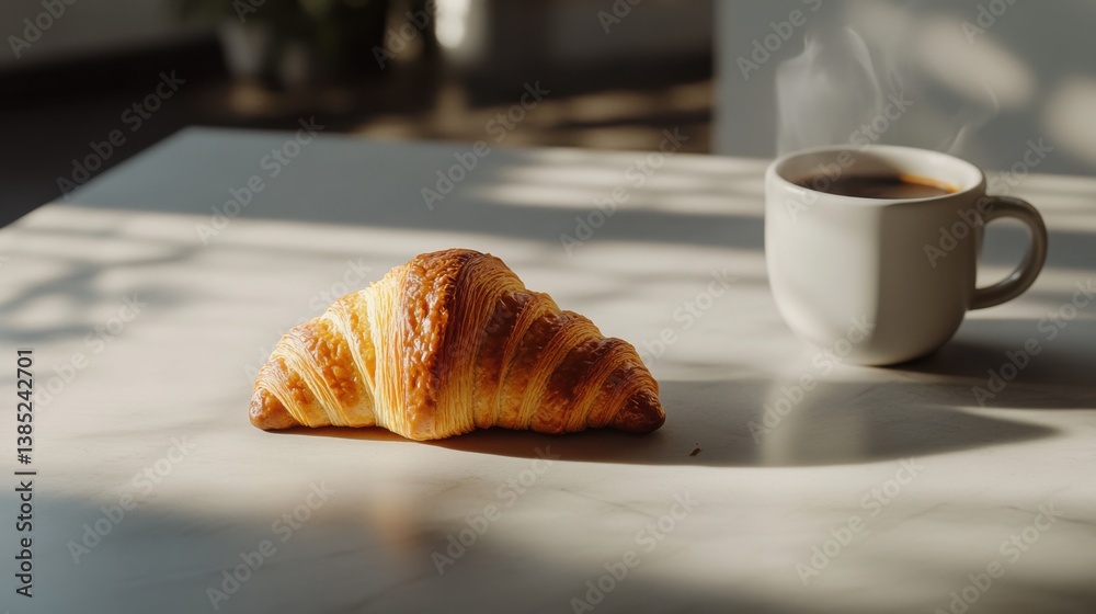 A freshly baked croissant with a cup of coffee. Featuring indulgence and morning comfort A freshly baked croissant with a cup of coffee. Featuring indulgence and morning comfort