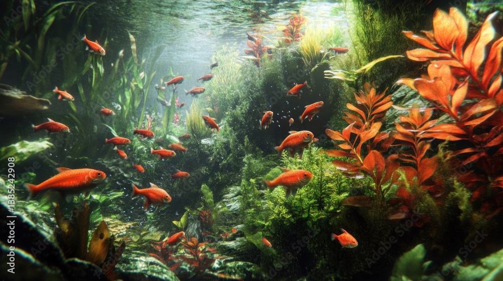 Fototapeta Underwater aquarium fish school vibrant plants sunlight