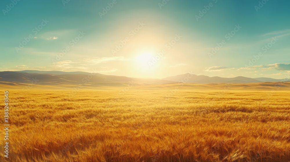 Golden wheat field at sunset with mountains in background. Golden wheat field at sunset with mountains in background.