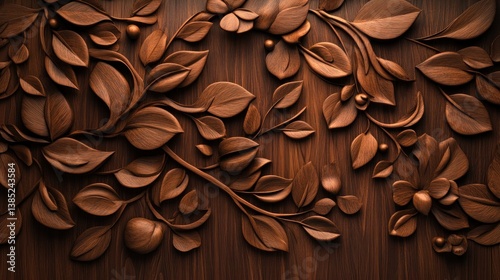 Intricate wood carving floral design, dark brown background, wall decor