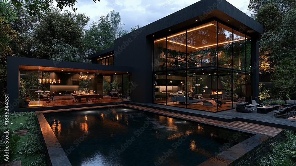 Modern house with large windows and a pool surrounded by trees. Modern house with large windows and a pool surrounded by trees.