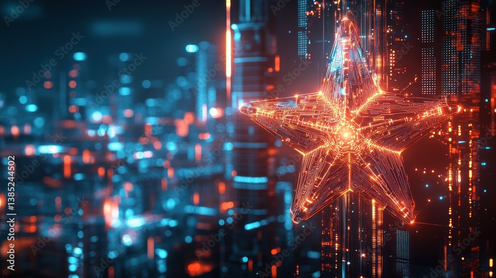 Fototapeta premium Glowing star hangs city tech backdrop