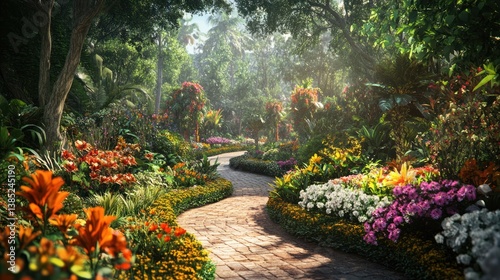 Lush tropical garden path, sunlight, flowers, foliage, background