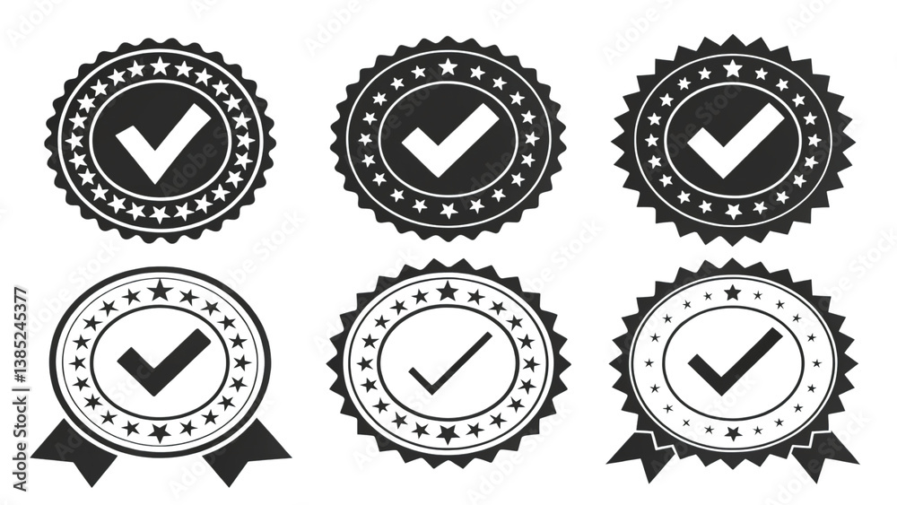 A set of elegant checkmark badges signifying approval and quality, featuring a classic design with stars and ribbons in black and white. A set of elegant checkmark badges signifying approval and quality, featuring a classic design with stars and ribbons in black and white.