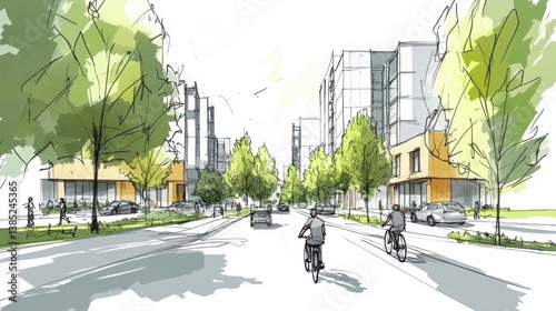 Modern Urban Landscape with Cyclists and Greenery in City Setting