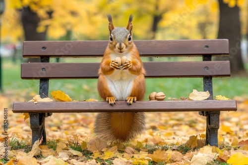 A squirrel sitting on a park bench, nibbling on a nut surrounded by fallen leaves