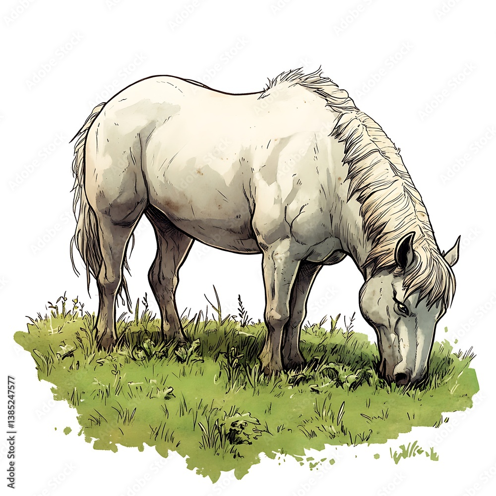 Fototapeta premium A Majestic White Horse Grazes Peacefully in a Lush Meadow. A stunning illustration of equine beauty in a natural setting.