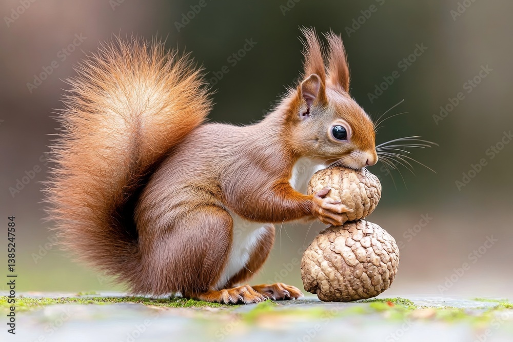 A squirrel storing multiple acorns in its cheeks, making its face look comically full A squirrel storing multiple acorns in its cheeks, making its face look comically full
