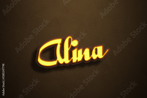 Yellow Neon Light Text Effect of name Alina on Golden background.