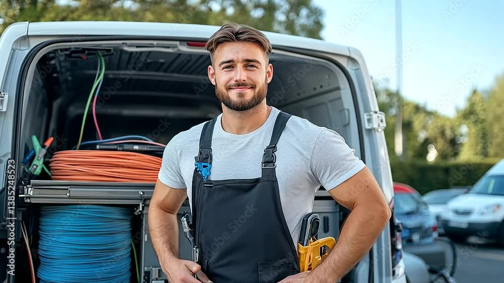 Confident electrician standing proudly next to his van with wide open back doors, showing large spools of colored wiring, toolbox drawers, and safety helmets, ready for the day's w