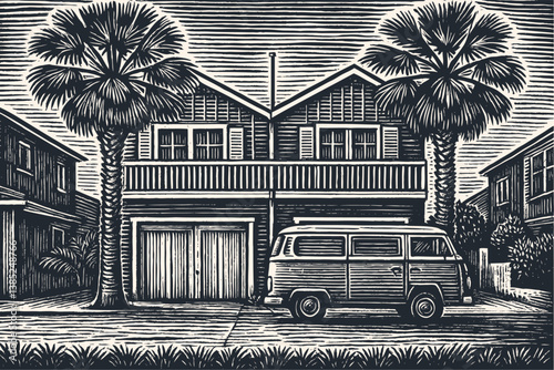Black and white woodcut-style vector illustration showing a beach house with twin palm trees, a vintage van parked outside, and garage on the ground floor. Detailed engraving technique 