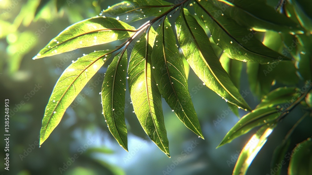 Obraz premium Sunlit leaves, forest background, nature scene, botanical illustration, website banner