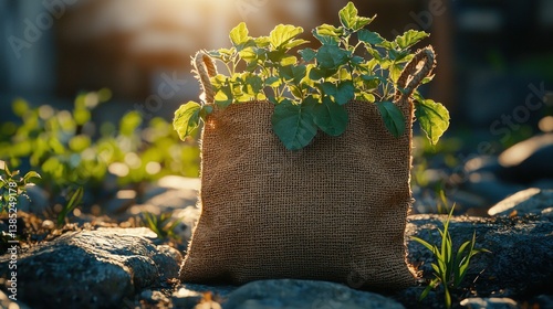 Sunrise Illuminates Young Plants in Rustic Burlap Sack