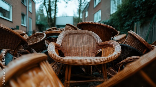 A striking arrangement of wicker chairs rests in a cluttered urban setting, representing the intersection of waste and urban landscapes amidst modern life.