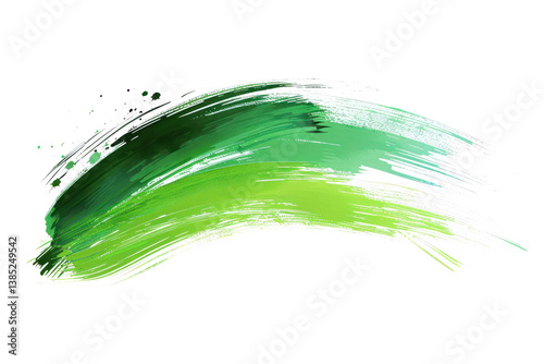Green Paint Brush Stroke with Splatter Isolated on Transparent Background