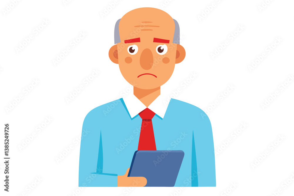 Bald Man Holding Tablet With Sad Expression In Blue Shirt On White Background Bald Man Holding Tablet With Sad Expression In Blue Shirt On White Background
