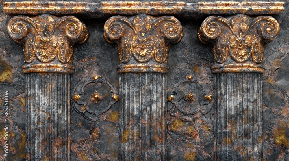 Aged Gold Columns on a Rusted Stone Wall Aged Gold Columns on a Rusted Stone Wall