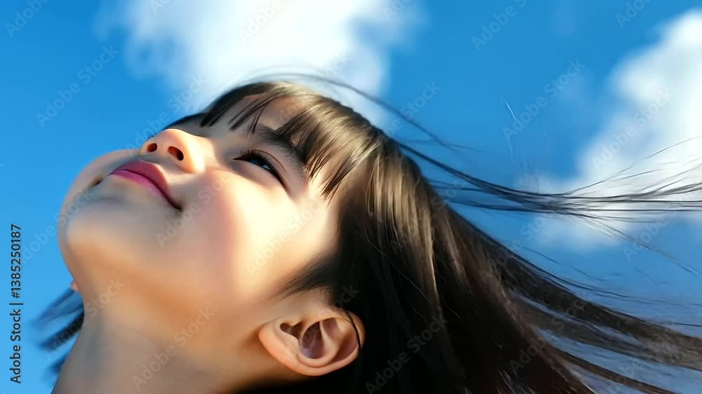 Soft-focus close-up of a child’s face with her eyes closed, subtle smile, breathing deeply as wind gently moves her hair, blue sky and clouds behind her