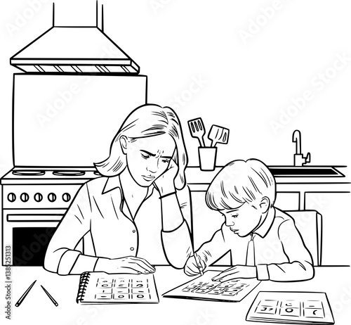 Black and White Illustration - Mother Helping Child with Homework at Kitchen Table