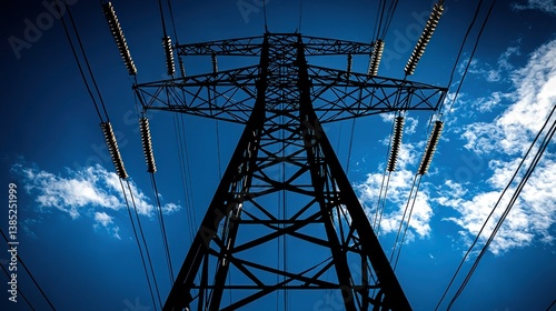Electricity Pylon Against a Vivid Blue Sky: A Stunning Low Angle View