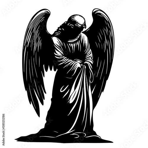 Elegant black vector representation of a sorrowful angel with detailed wings, capturing deep emotion and grace in a solemn pose