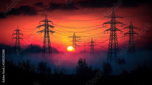 Electric Towers at Sunrise: A Misty Morning Landscape