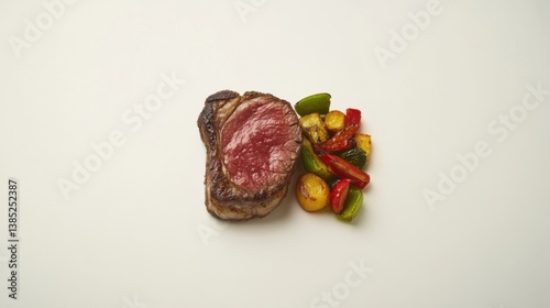 A freshly grilled steak with a side of roasted vegetables. Featuring tenderness and savoriness